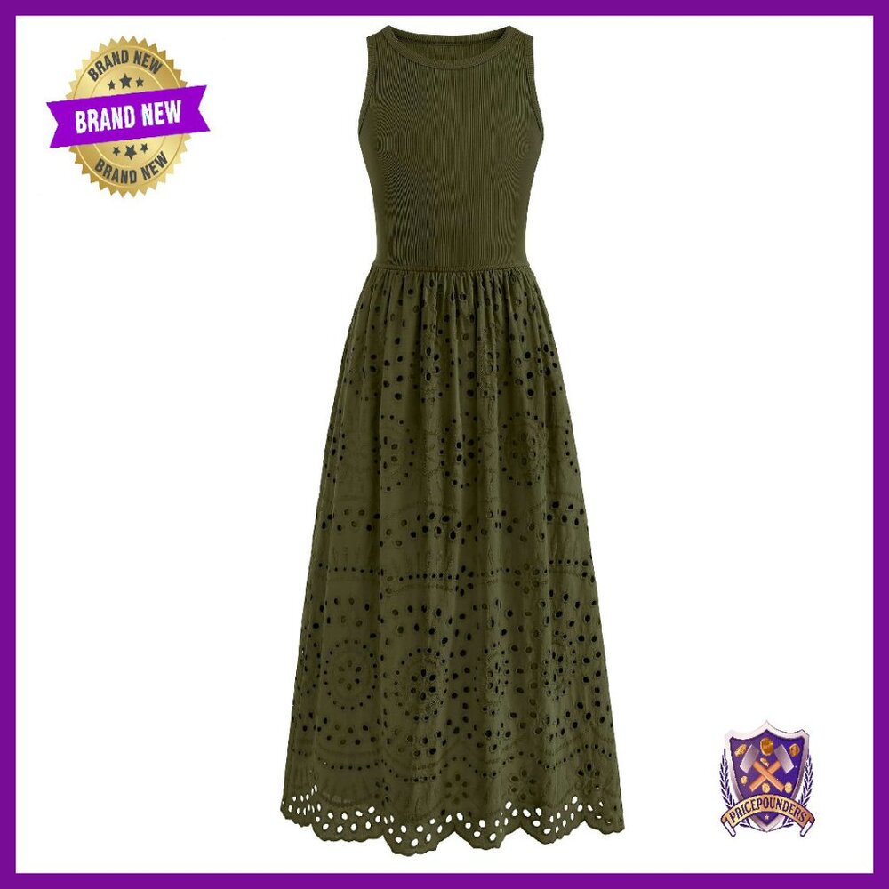 Sleeveless Cotton Maxi Dress With Lace Eyelet Pockets A-Line Boho